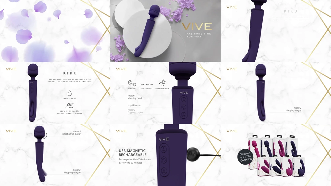 VIVE by Shots Kiku dvipusis wand masažuoklis su plazdančiu stimuliatoriumi, violetinis