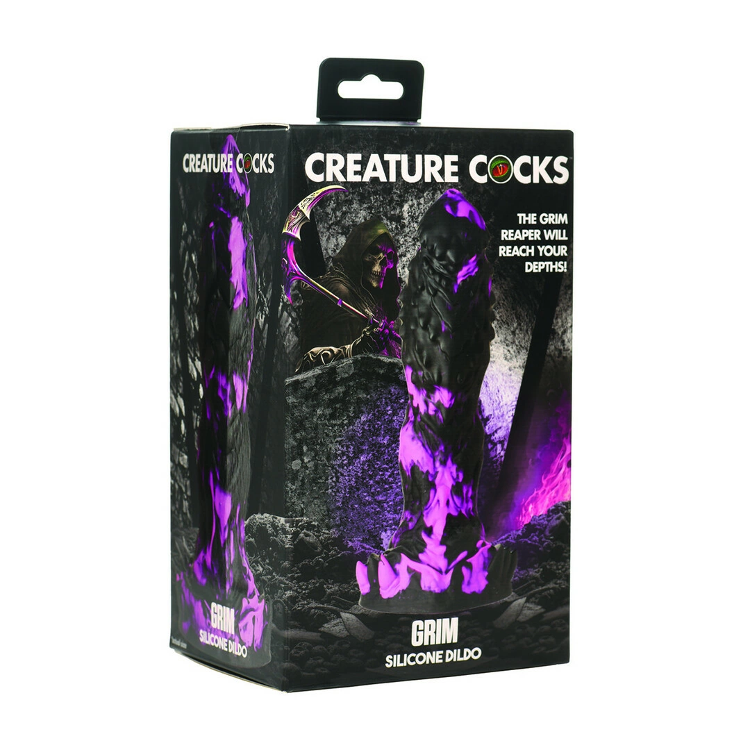 XR Brands Grim silikoninis dildo su faktūra ir siurbtuku, violetinės ir juodos spalvos