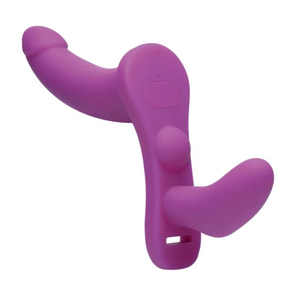 XR Brands Double Take vibruojantis strap-on su diržais ir pulteliu, juodas