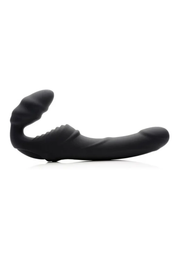 XR Brands Slim Rider strap-on vibratorius be diržų su rievelėmis, juodas