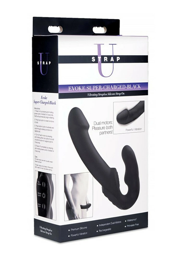 XR Brands Evoke dvipusis strap-on vibratorius be diržų, įkraunamas
