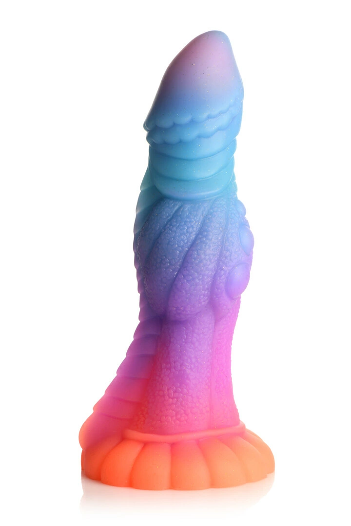 XR Brands Galactic Alien silikoninis dildo su siurbtuku, šviečiantis tamsoje