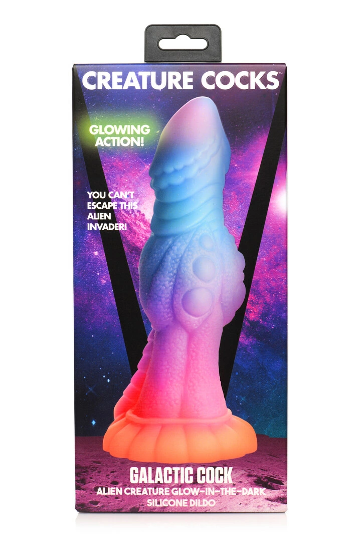 XR Brands Galactic Alien silikoninis dildo su siurbtuku, šviečiantis tamsoje