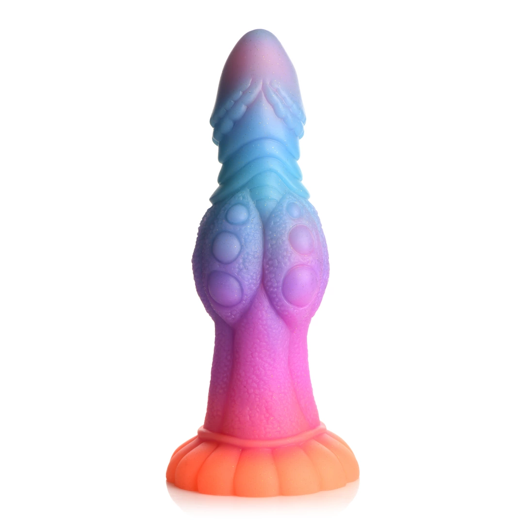 XR Brands Galactic Alien silikoninis dildo su siurbtuku, šviečiantis tamsoje