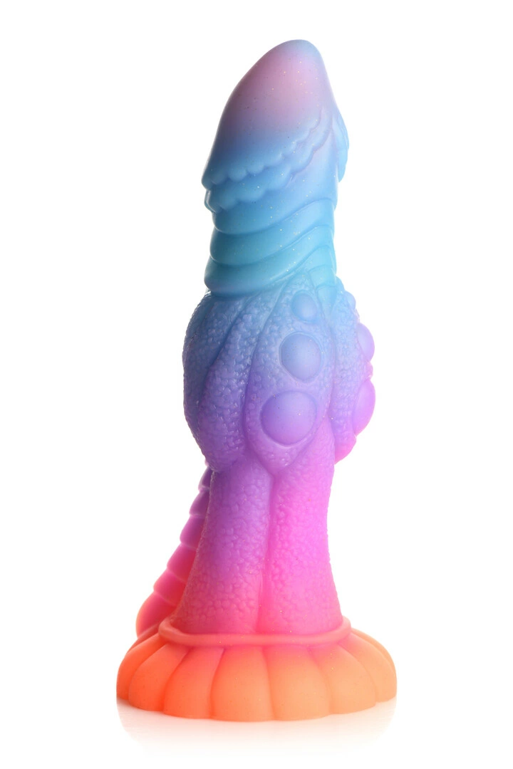 XR Brands Galactic Alien silikoninis dildo su siurbtuku, šviečiantis tamsoje