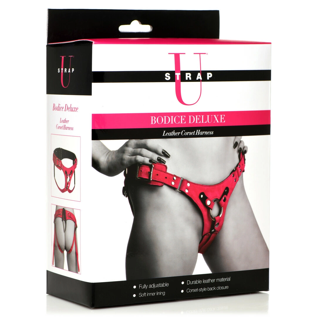 XR Brands Bodice Deluxe odiniai diržai su korsetiniu suvarstymu ir O žiedu