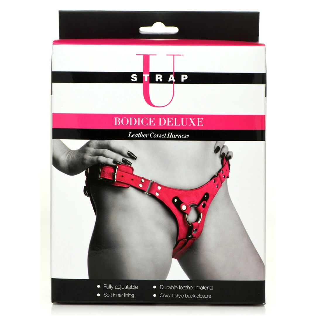 XR Brands Bodice Deluxe odiniai diržai su korsetiniu suvarstymu ir O žiedu