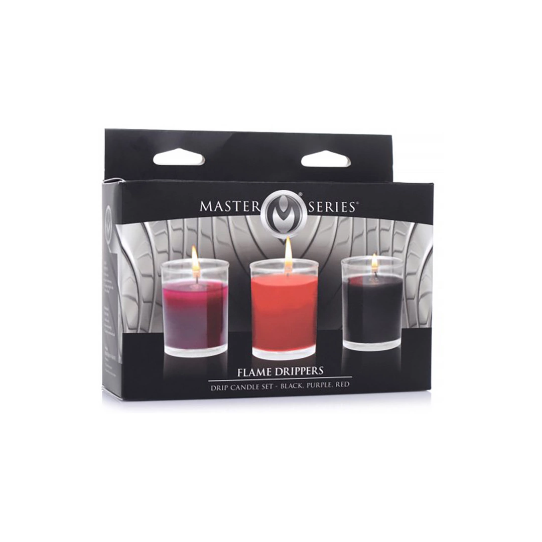 XR Brands Flame Drippers masažo žvakės su žemos lydymosi temperatūros vašku, 3 vnt.
