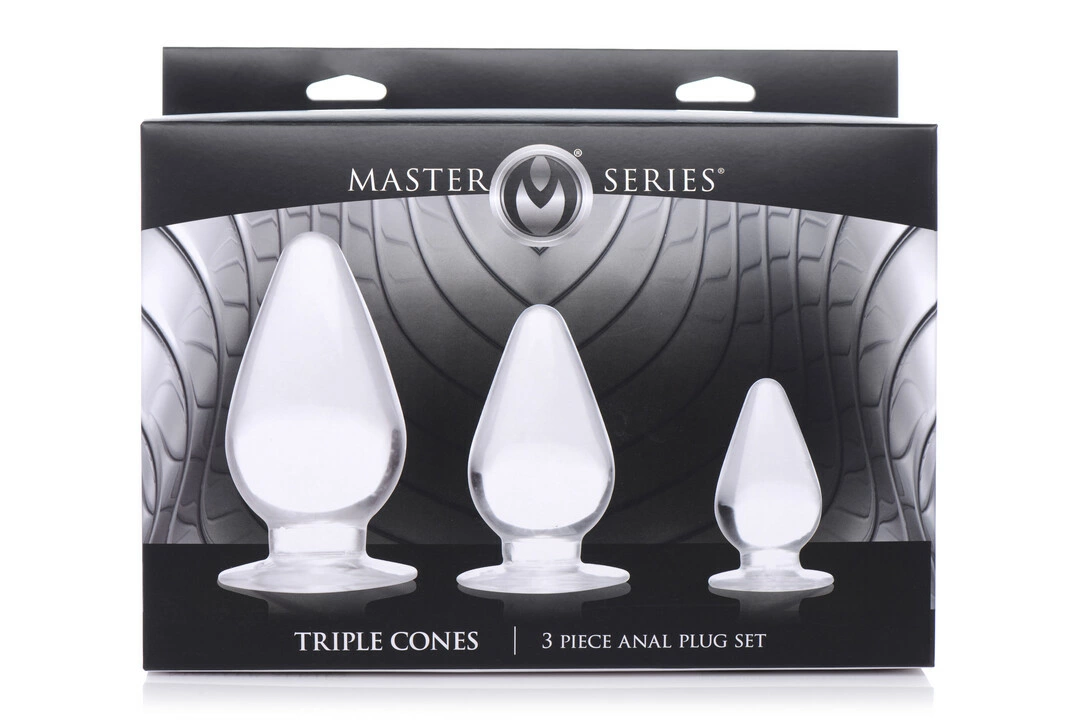 XR Brands Triple Cones analinių kaiščių rinkinys su siurbtukais, skaidrus, 3 vnt.
