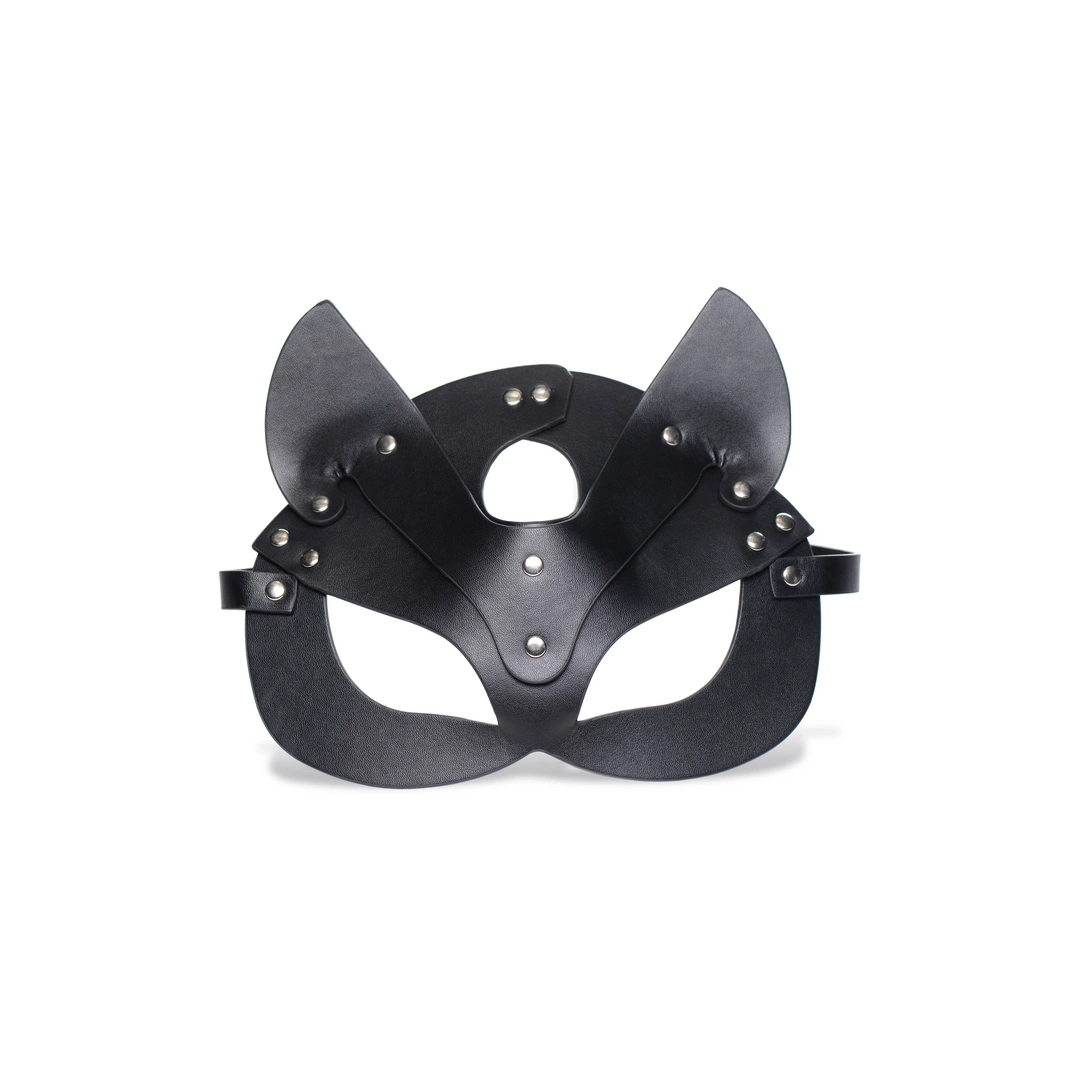 XR Brands Naughty Kitty veganiška katės kaukė su reguliuojamu dirželiu, juoda
