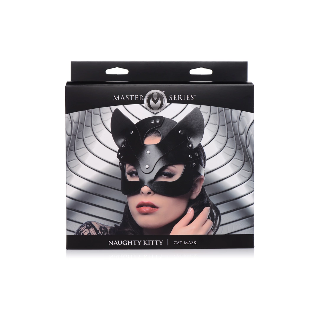XR Brands Naughty Kitty veganiška katės kaukė su reguliuojamu dirželiu, juoda