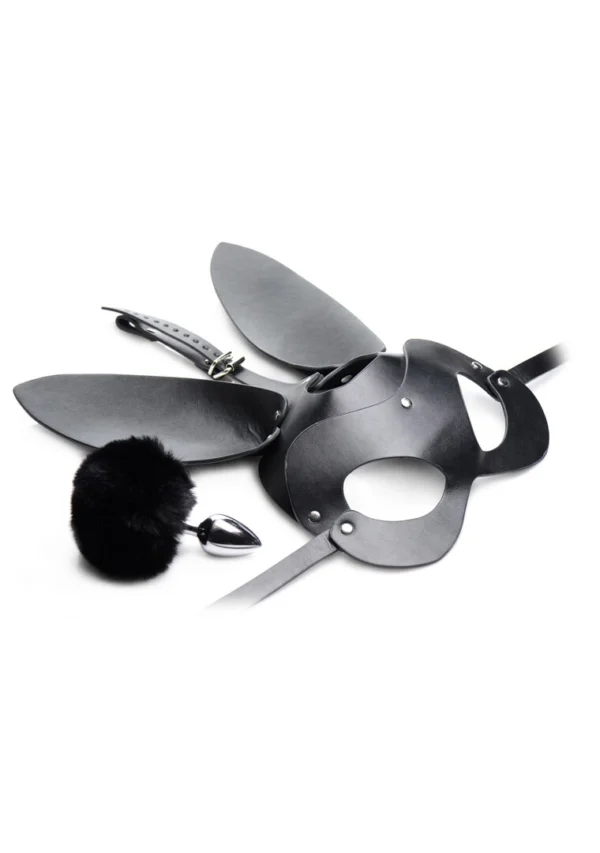 XR Brands Bunny Tail metalinis analinis kaištis su uodega ir kiškio kauke, juodas