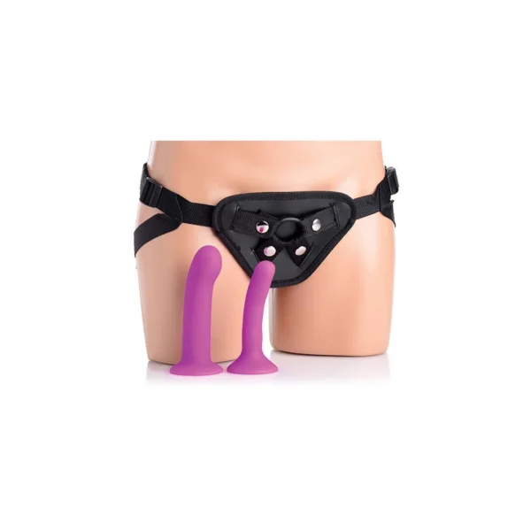 XR Brands strap-on rinkinys su dviem silikoniniais dildo ir vibruojančia kulka, violetinis