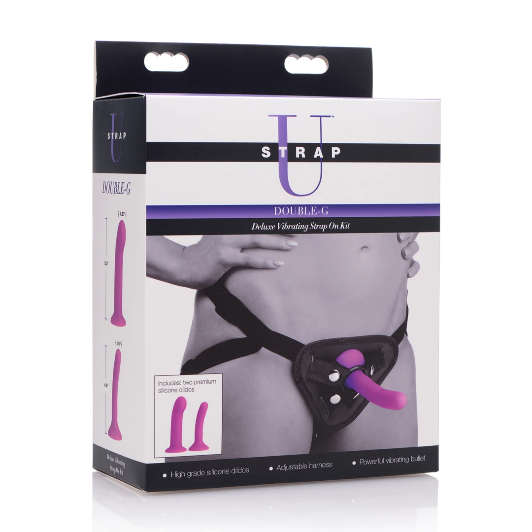 XR Brands strap-on rinkinys su dviem silikoniniais dildo ir vibruojančia kulka, violetinis