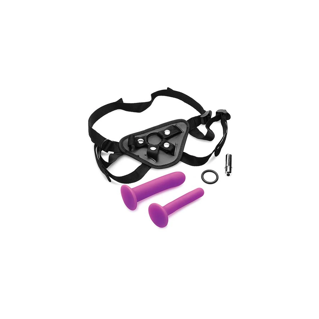 XR Brands strap-on rinkinys su dviem silikoniniais dildo ir vibruojančia kulka, violetinis
