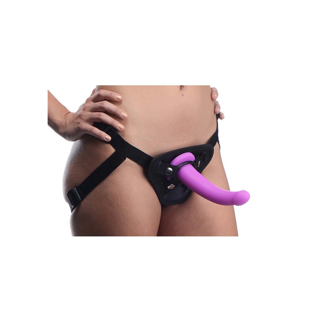 XR Brands strap-on su lenktu silikoniniu dildo ir siurbtuku, violetinis, 18 cm