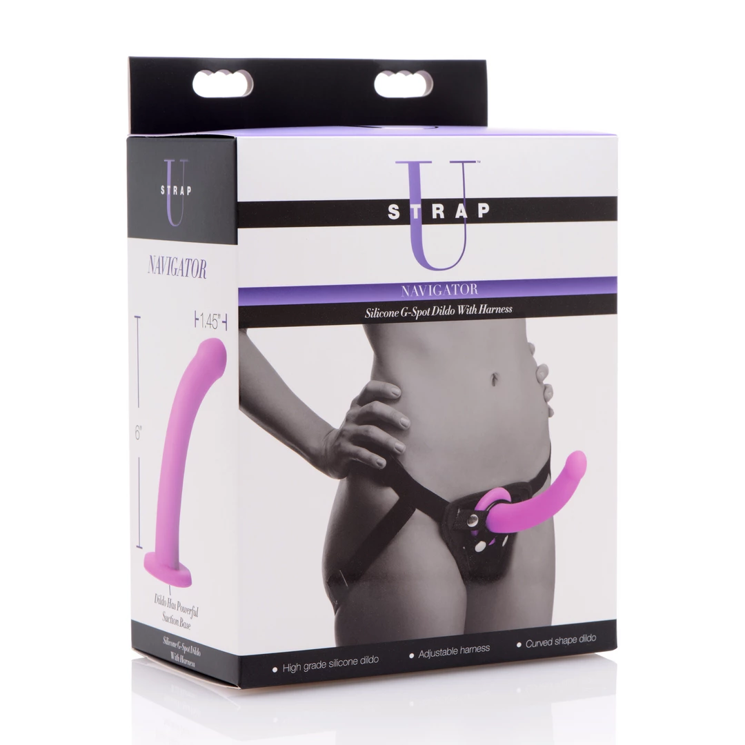 XR Brands strap-on su lenktu silikoniniu dildo ir siurbtuku, violetinis, 18 cm