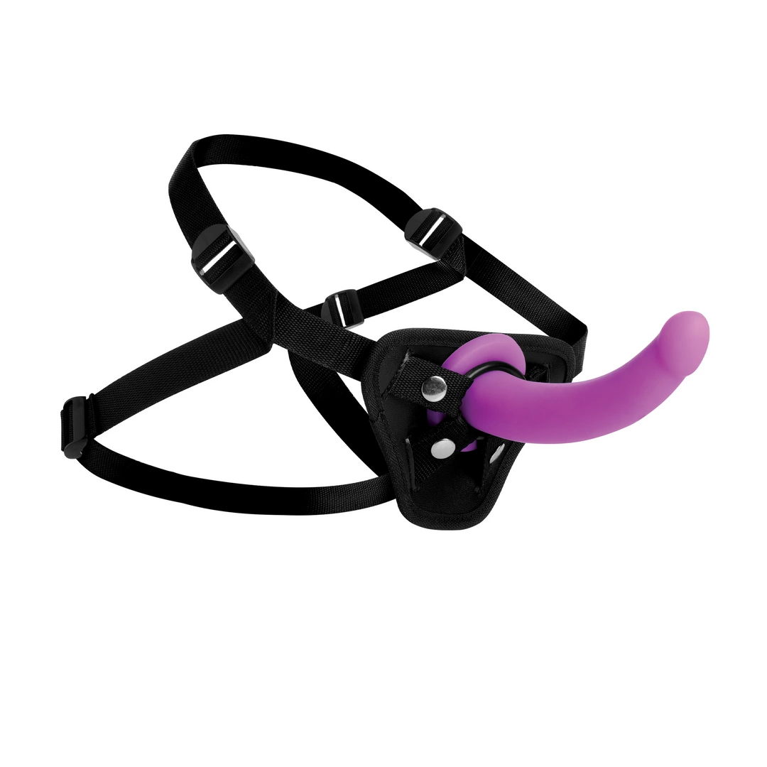 XR Brands strap-on su lenktu silikoniniu dildo ir siurbtuku, violetinis, 18 cm