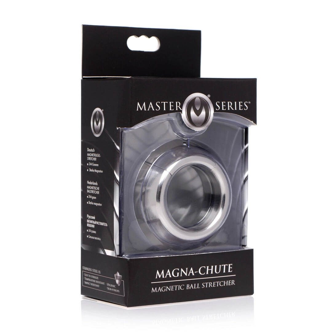 XR Brands Magna-Chute magnetinis plieninis sėklidžių žiedas su svarmeniu, 244 g