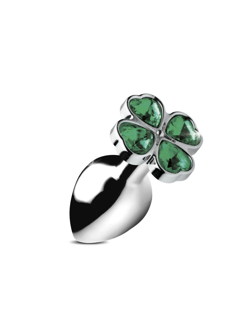 XR Brands Clover metalinis analinis kaištis su dobilo formos pagrindu, sidabrinis, mažas