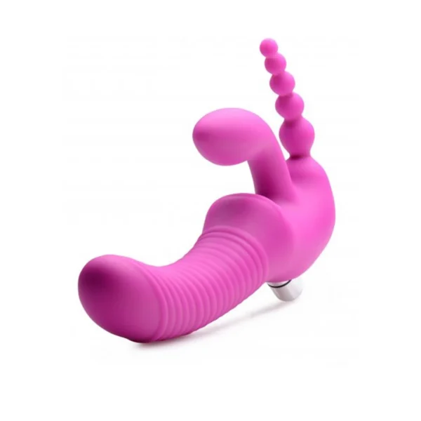 XR Brands Regal vibruojantis strap-on be diržų su trimis stimuliavimo dalimis