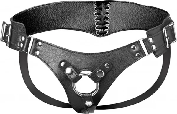 XR Brands korseto stiliaus strap-on diržai iš dirbtinės odos, juodi