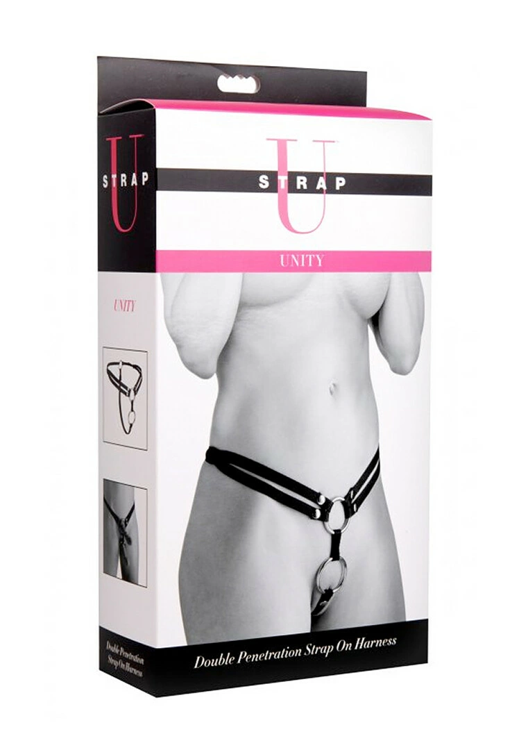 XR Brands Unity strap-on diržai su dvigubais žiedais, juodi