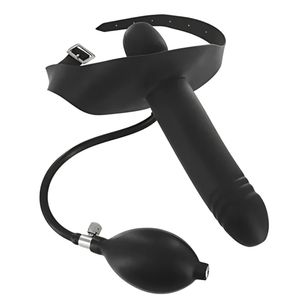 XR Brands pripučiamas burnos kamštis su išoriniu dildo, juodas