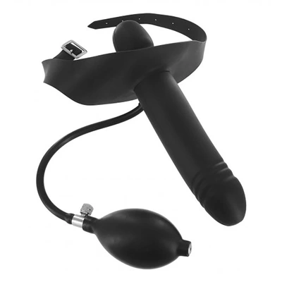 XR Brands pripučiamas burnos kamštis su išoriniu dildo, juodas