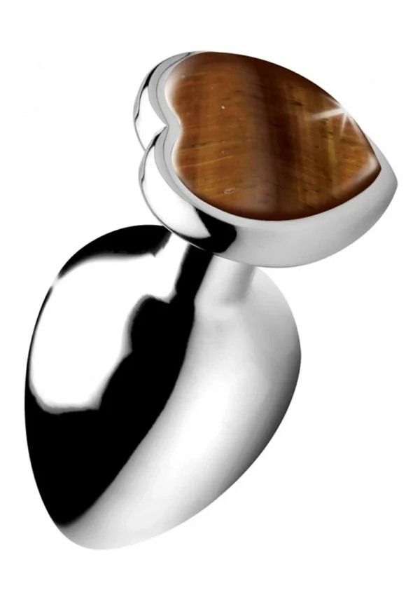 XR Brands Tiger Eye aliumininis analinis kaištis su širdelės formos akmeniu, didelis
