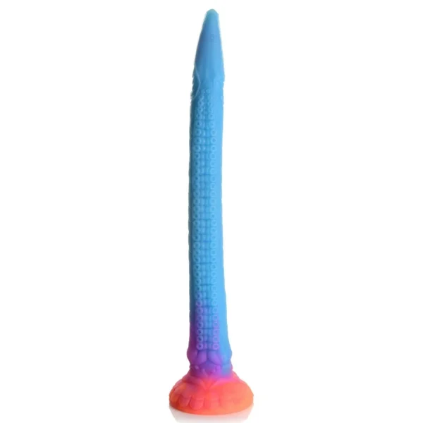XR Brands Makara silikoninis fantazijos dildo, šviečiantis tamsoje, daugiaspalvis