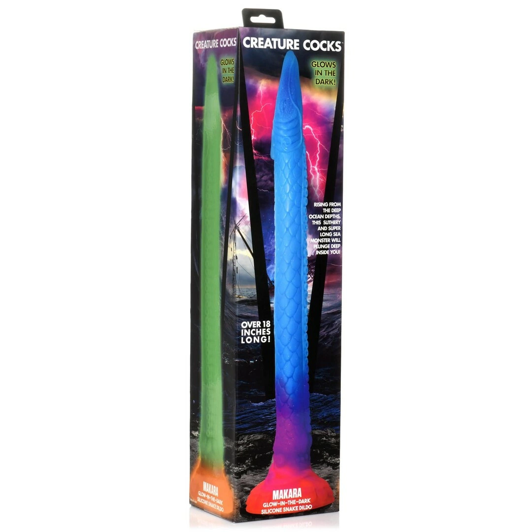XR Brands Makara silikoninis fantazijos dildo, šviečiantis tamsoje, daugiaspalvis