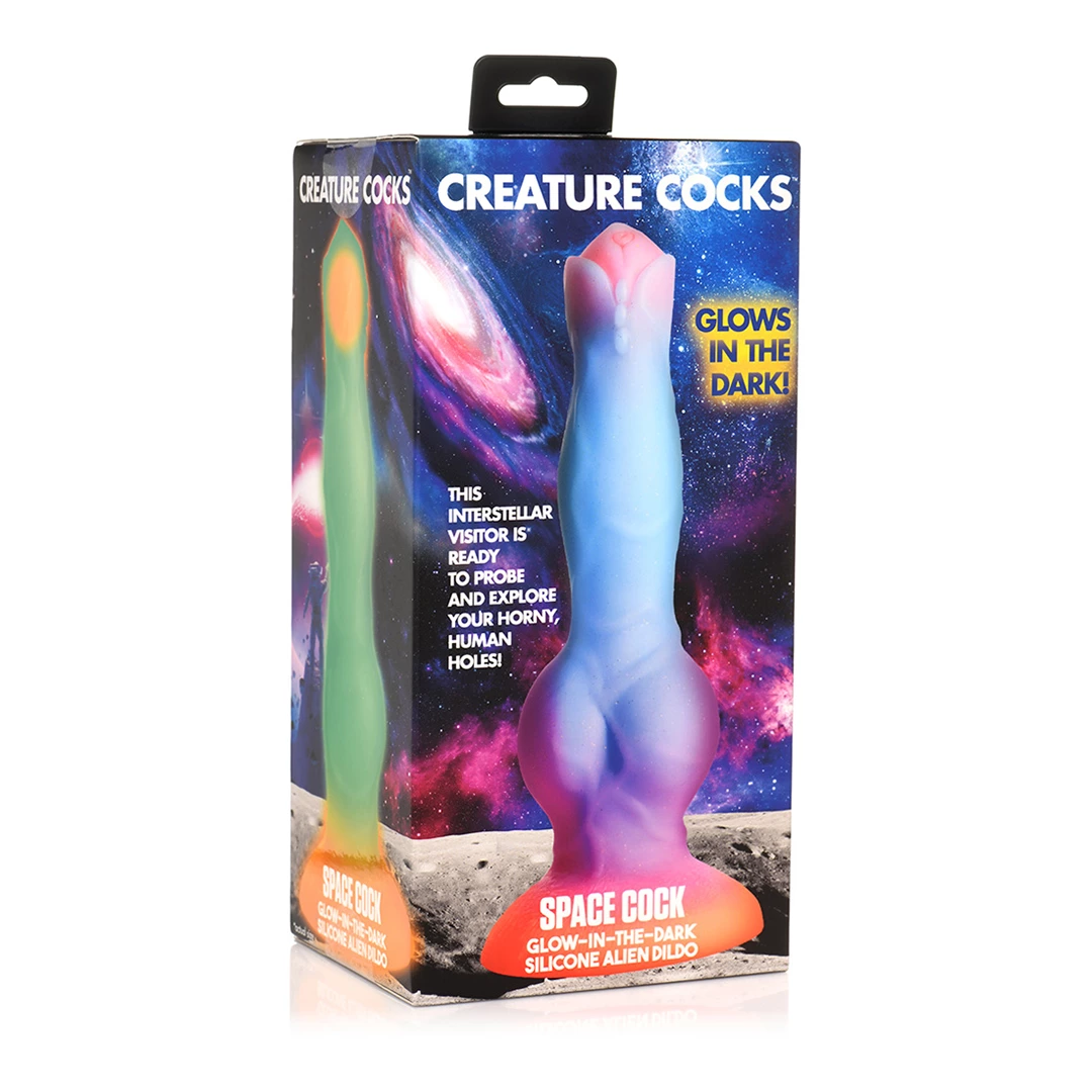XR Brands Creature Cocks Space fantazijos dildo, šviečiantis tamsoje, daugiaspalvis