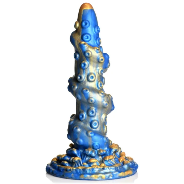 XR Brands Kraken silikoninis fantazijos dildo su siurbtuku, mėlynas su auksu