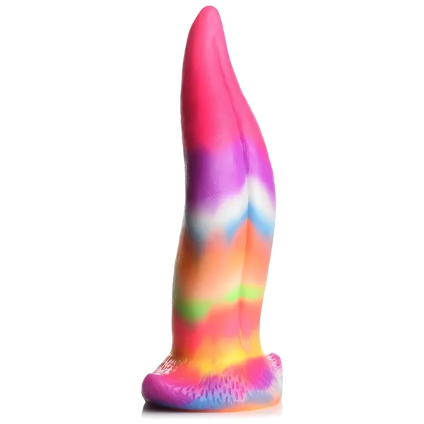 XR Brands vaivorykštės spalvų silikoninis dildo, šviečiantis tamsoje, su siurbtuku