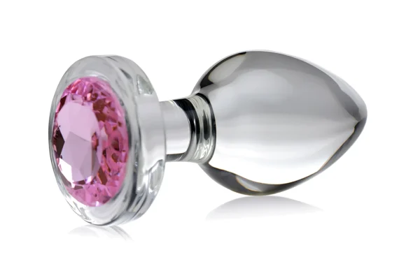 XR Brands Booty Sparks stiklinis analinis kaištis su rožiniu kristalu, didelis